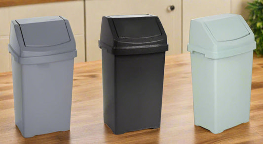 Set of 3 Swing Bins – Under Kitchen Cabinet Dust Bin, Food Grade Plastic Swing Top Waste Rubbish & Compost Bin (8 Litre) – Silver Sage, Midnight, Silver Made in UK