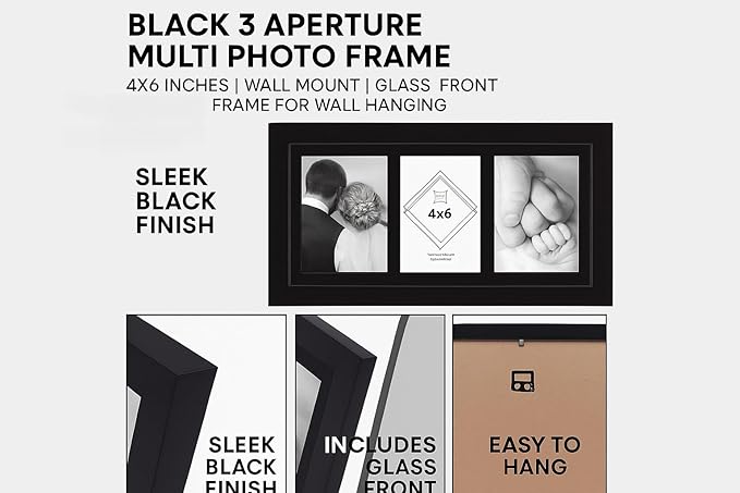 3 Aperture,Multi Photo Frame, 4x6 inches, Wall Mount, Glass Front, Collage Frame for Wall Hanging, Home/Office Decor