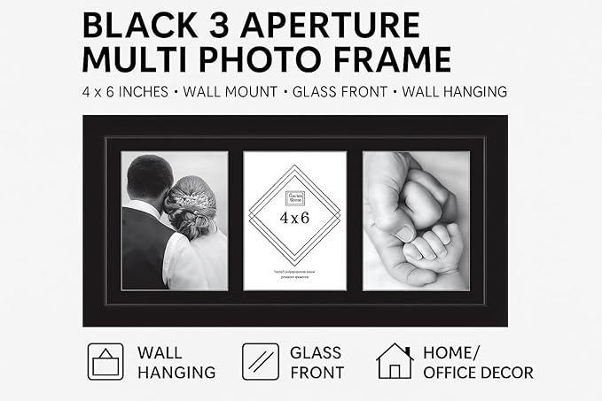 3 Aperture,Multi Photo Frame, 4x6 inches, Wall Mount, Glass Front, Collage Frame for Wall Hanging, Home/Office Decor