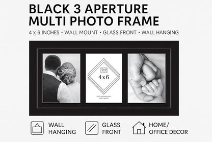 3 Aperture,Multi Photo Frame, 4x6 inches, Wall Mount, Glass Front, Collage Frame for Wall Hanging, Home/Office Decor