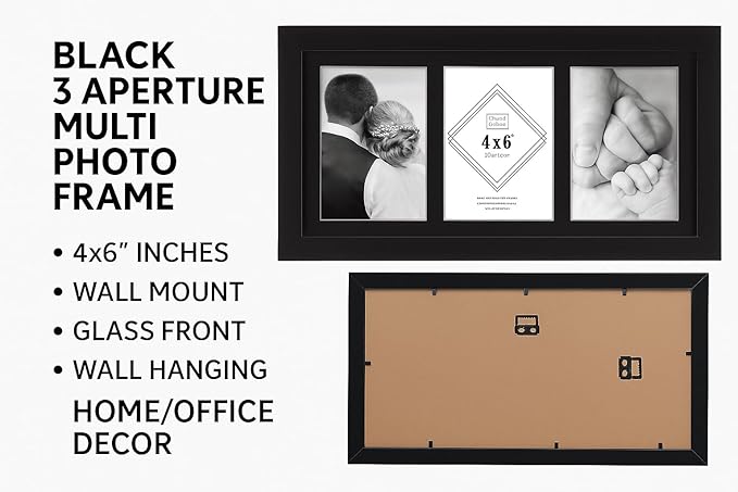 3 Aperture,Multi Photo Frame, 4x6 inches, Wall Mount, Glass Front, Collage Frame for Wall Hanging, Home/Office Decor