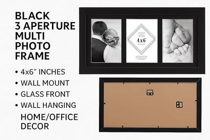 3 Aperture,Multi Photo Frame, 4x6 inches, Wall Mount, Glass Front, Collage Frame for Wall Hanging, Home/Office Decor
