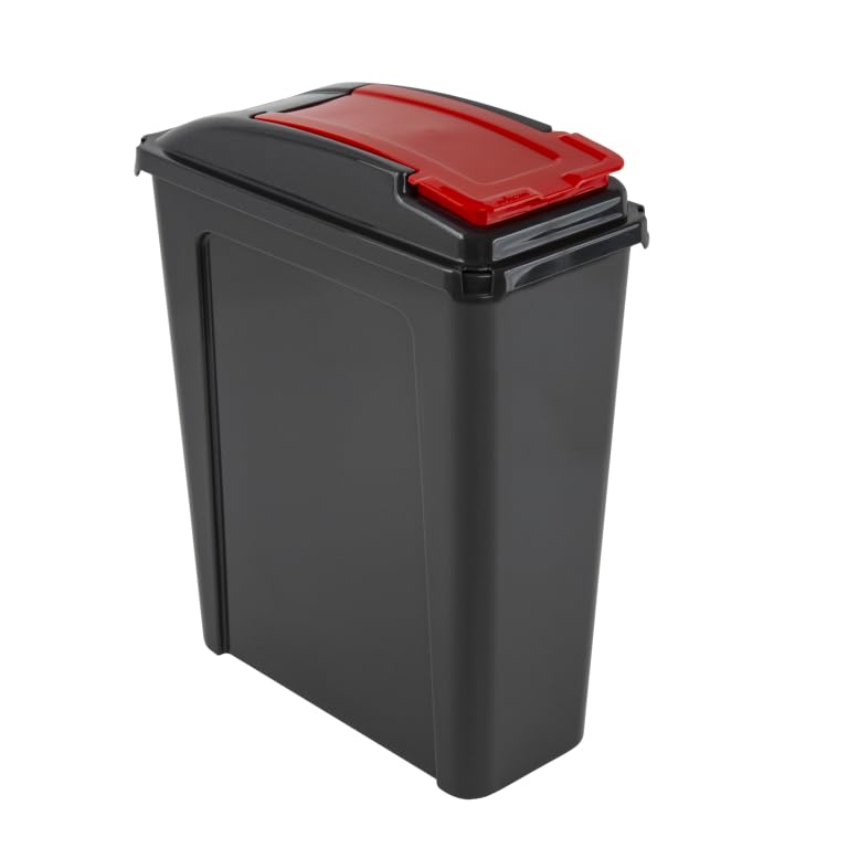 25L Slimline Bin & Lid – Graphite/Gen. Red – Compact Recycling Bin with Color-Coded Lid – Durable Waste Container for Home & Office – Pack of 1