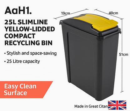 25L Slimline Bin & Lid – Graphite/Gen. Yellow – Compact Recycling Bin with Color-Coded Lid – Durable Waste Container for Home & Office – Pack of 1