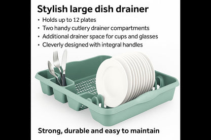 AaH1 Set of Silver Sage Large Dish Drainer Tray Plate Rack Draining Board Stand & 39cm Rectangular Washing Up Bowl Plastic Kitchen Organiser Sink Holder