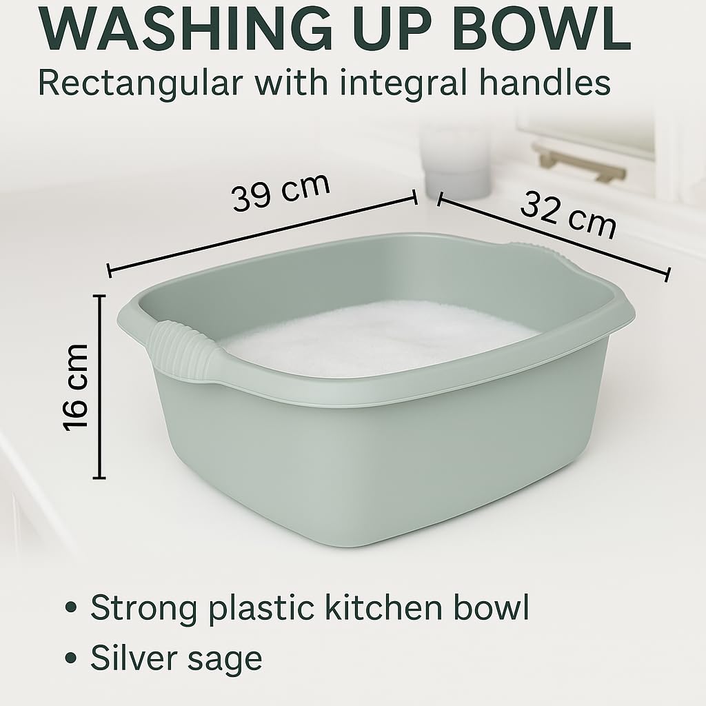 39CM Silver Sage High Grade Rectangular Rectangle Washing Up Bowl Basin 12L Litre Capacity Washing Basin Mixing Bowl Sink Tidy Organiser