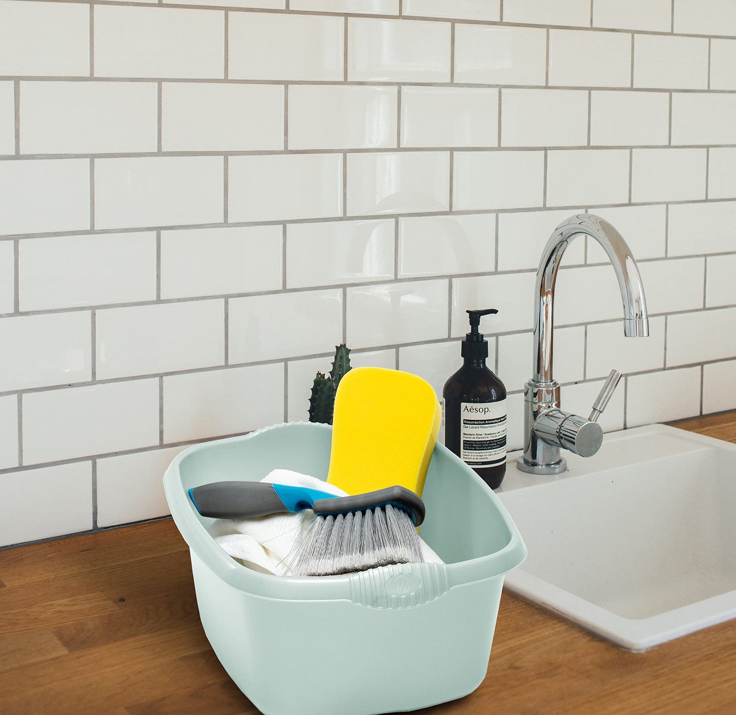 (Set of 3) 9L Square Washing Up Bowls – 32cm Plastic Sink Tidy Organiser – Multipurpose Kitchen Basin for Washing, Cleaning & Mixing –  Silver Sage