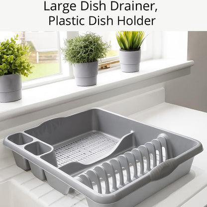 AaH1 Large Dish Drainer – Holds Up to 12 Plates with Dual Cutlery Compartments – Sturdy & Stylish Plastic Dish Rack with Built-In Handles (Pack of 1) (Silver)
