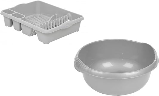 AaH1 Set of 2 Plastic Kitchen Large Dish Drainer with 32cm Round Washing Up Bowl (Soft Grey)