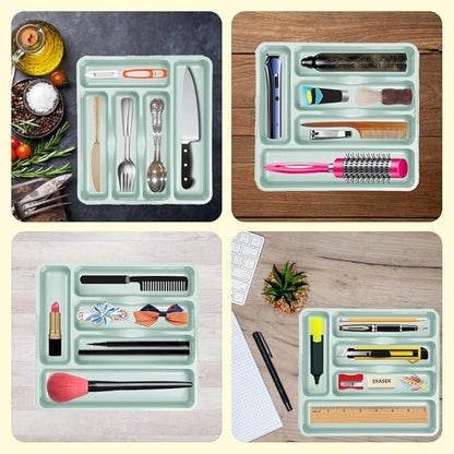 5 Compartment SILVER SAGE High Grade Plastic Small Cutlery Tray Kitchen Racks and Holders Cutlery Draw for Kitchen Drawers Storage Organizer For Spoons Forks Knives