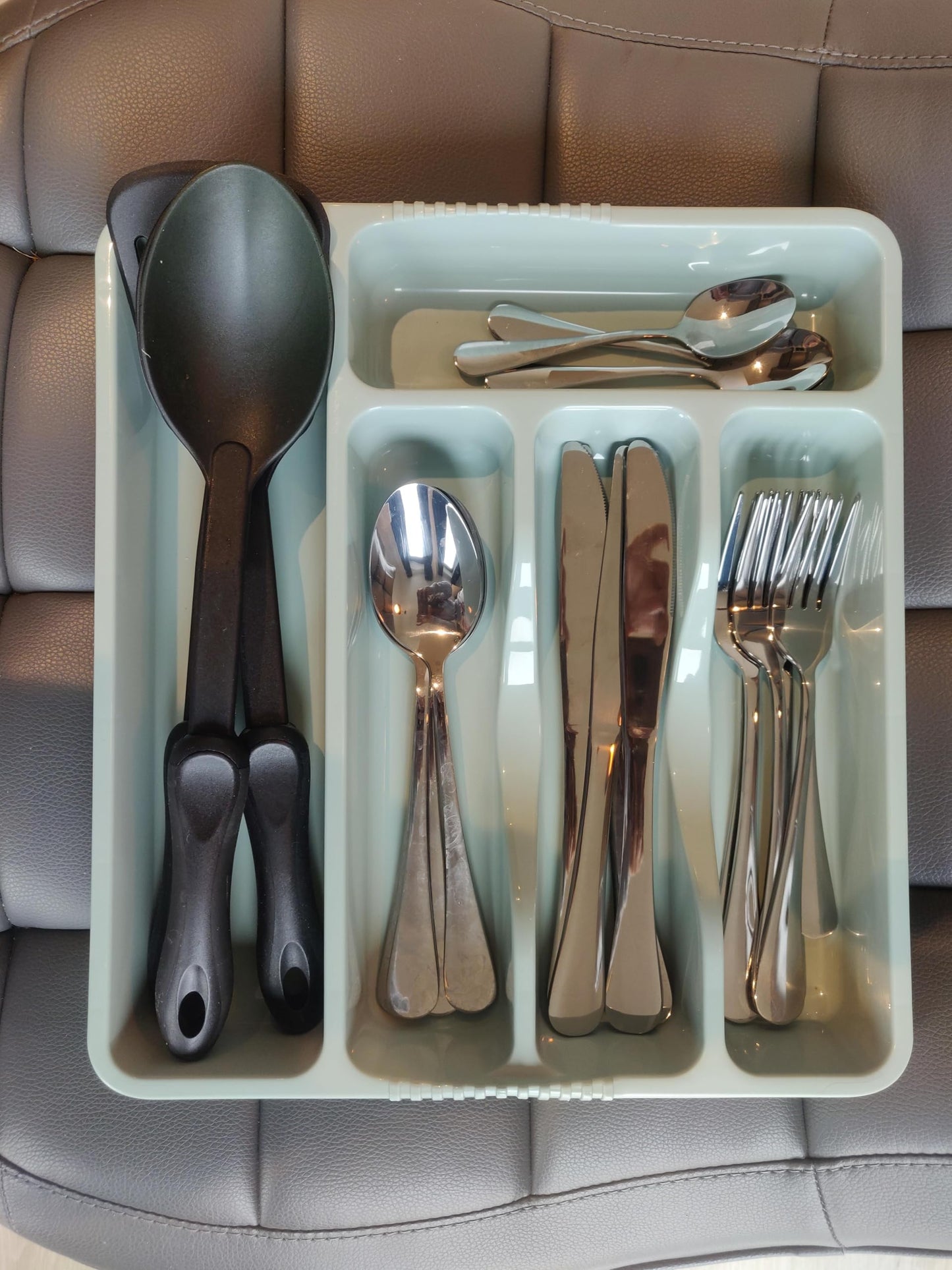 5 Compartment SILVER SAGE High Grade Plastic Small Cutlery Tray Kitchen Racks and Holders Cutlery Draw for Kitchen Drawers Storage Organizer For Spoons Forks Knives