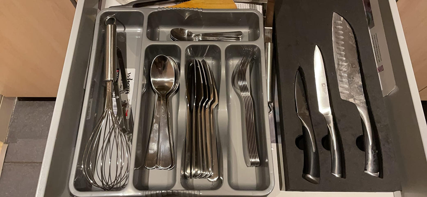 5 Compartment SILVER High Grade Plastic Small Cutlery Tray Kitchen Racks and Holders Cutlery Draw for Kitchen Drawers Storage Organizer For Spoons Forks Knives