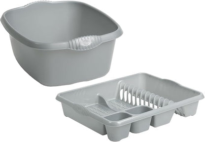 AaH1 Set of Silver 39cm Rectangular Washing up Bowl with Large Dish Drainer Plate Rack Draining Board Tray Stand Sink Holder Kitchen Organiser -Silver