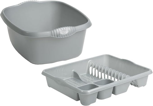 AaH1 Set of Silver 39cm Rectangular Washing up Bowl with Large Dish Drainer Plate Rack Draining Board Tray Stand Sink Holder Kitchen Organiser -Silver