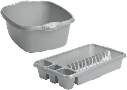 AaH1 (Set Of 2) 39cm Silver Rectangular High Grade Plastic Washing Up Bowl With Medium Dish Drainer Plate Rack Sink Holder Organiser Kitchen Home And Restaurants