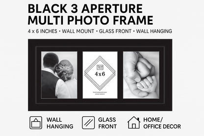 BLACK 3 Aperture,Multi Photo Frame, 4x6 inches, Wall Mount, Glass Front, Collage Frame for Wall Hanging, Home/Office Decor