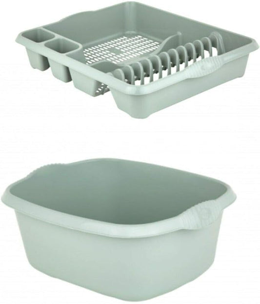 AaH1 Set of 2 Plastic Rectangular Washing Up Bowl with Large Dish Drainer (Silver Sage)