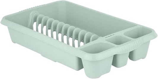 AaH1 Medium Dish Drainer Silver – Compact & Stylish – High-Gloss Plastic with Integrated Cutlery Holders & Handles – Efficient Kitchen Drying Rack, Silver Sage (Pack of 1)