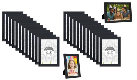 (Set of 24) Black Ribbed Design Freestanding Wall Mount Picture Photo Frame 4 x 6 Home office living room bedroom kitchen dining room bathroom bar hotel restaurant office wall decoration