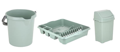 (Set of 3) AaH1 Casa Large Dish Drainer, 8L Swing Bin & 5L Durable Plastic Bucket – Silver Sage Colour – Kitchen Accessories – Rubbish, Compost & Waste Bin with Lid – Litre Scale – High Grade Plastic