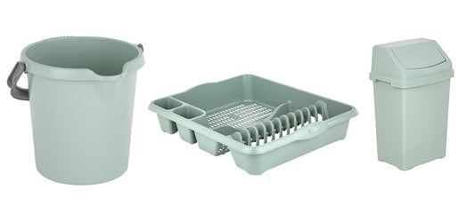 (Set of 3) AaH1 Casa Large Dish Drainer, 8L Swing Bin & 5L Durable Plastic Bucket – Silver Sage Colour – Kitchen Accessories – Rubbish, Compost & Waste Bin with Lid – Litre Scale – High Grade Plastic