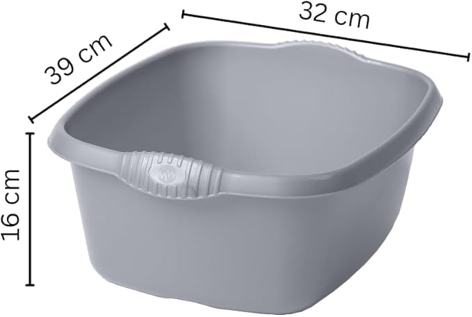 39cm Rectangular Bowl – Expansive 12L Capacity – Sleek High-Gloss Plastic with Ergonomic Handles – Premier Kitchen Washing & Multipurpose Container, Silver (Pack of 1)