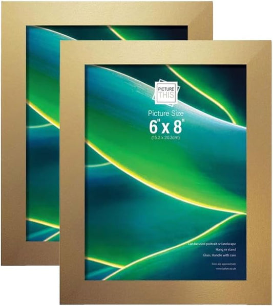 Gold 6x8 Picture Frames (Set of 2) – Real Glass Front Photo Frames for Wall or Tabletop Display – Portrait or Landscape – Modern Gallery Style for Home & Office Decor (15.2 x 20.3 cm)