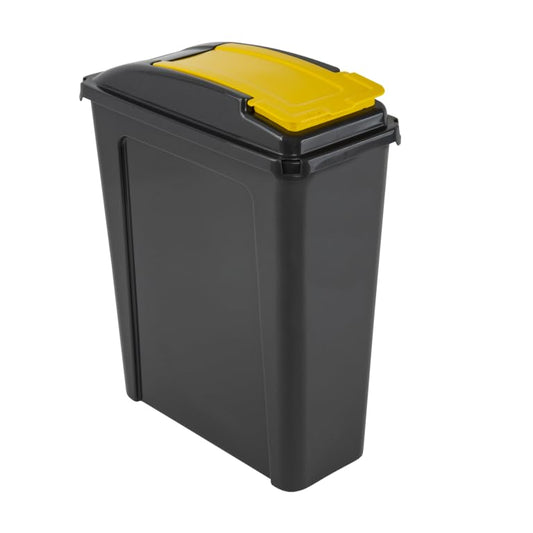 25L Slimline Recycling Kitchen Waste Bin – Compact Plastic Rubbish Bin with Yellow Lid, Space-Saving Design, Easy-Clean Surface – Made in Great Britain