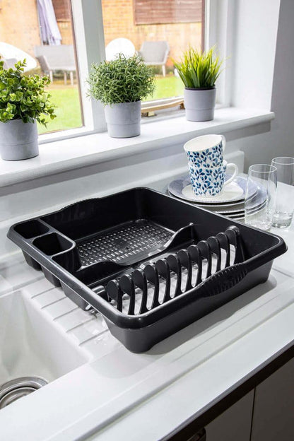 AaH1 Large Dish Drainer – Holds Up to 12 Plates with Dual Cutlery Compartments – Sturdy & Stylish Plastic Dish Rack with Built-In Handles (Pack of 1) (Midnight)
