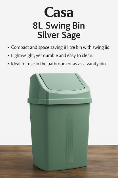 AaH1 Set of 2 Swing Bins – Under Kitchen Cabinet Dust Bin, Food Grade Plastic Swing Top Waste Rubbish & Compost Bin (8 Litre) – Silver Sage, Made in UK