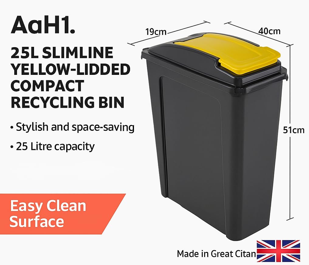 25L Slimline Recycling Kitchen Waste Bin – Compact Plastic Rubbish Bin with Yellow Lid, Space-Saving Design, Easy-Clean Surface – Made in Great Britain